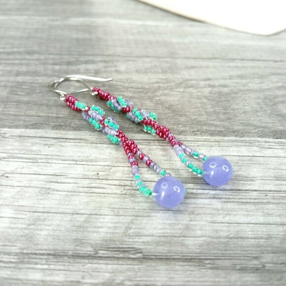 Dyed Jade Gemstone Spiral Beaded Dangle Earrings, Boho Chic Artisan Statement 3" - Picture 7 of 8